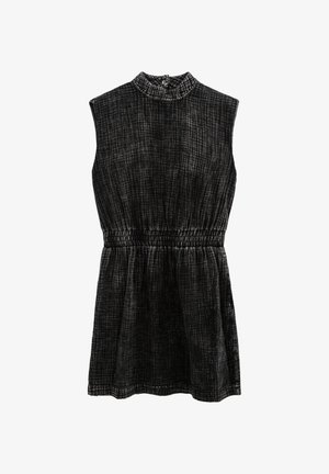 Abito senza maniche nero con colletto alto, realizzato in tessuto strutturato e dotato di vita elastica per una silhouette arricciata.