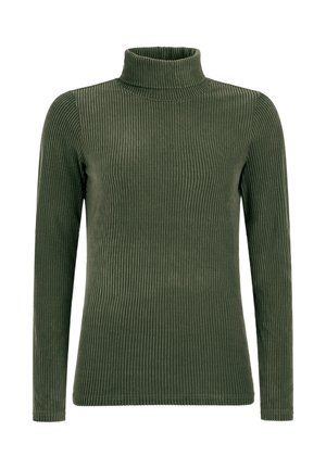 Donkergroene geribbelde turtleneck trui met lange mouwen, met een aansluitend ontwerp en een zachte textuur. Geaccentueerd door een staande kraag.