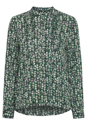 Blusa floreale con sfondo nero decorato da piccoli fiori verdi, bianchi e rosa, maniche lunghe, collo alto e dettagli plissettati sul davanti.