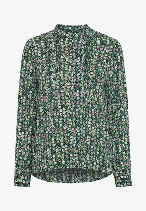Cvečna bluzica z nežno črno podlago, okrašena z majhnimi zelenimi, belimi in roza cvetlicami, dolgimi rokavi, visokim ovratnikom in nabrano sprednjo podrobnostjo.