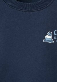 Tmavo modrý sweatshirt s rebrovaným okrúhlym výstrihom. Na ľavej strane hrudníka sa nachádza svetlomodrá grafika postavy. Mäkká textúra látky.