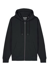 Felpa nera con zip realizzata in tessuto morbido, con cappuccio foderato, tasche frontali e orlo e polsini a coste. Etichetta del marchio visibile all'interno del colletto.
