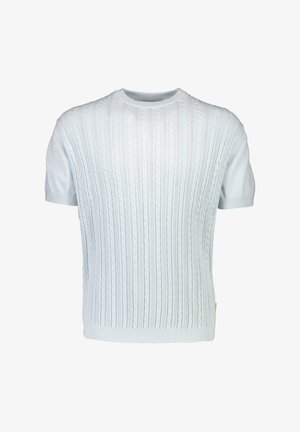 Ljusblå kortärmad stickad tröja med ribbad textur och kabelstickat mönster. Har en rund hals och figurnära nederkant.