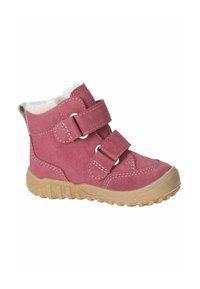 Botte d'hiver enfant en daim rose avec deux bandes velcro, semelle en caoutchouc beige et doublure intérieure en polaire blanche.