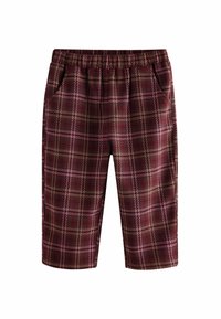 Pantalones cortos burdeos de cuadros hechos de una tela texturizada. Cuenta con una cinturilla elástica y dos bolsillos laterales. El patrón de cuadros incluye acentos en color rosa y marrón.