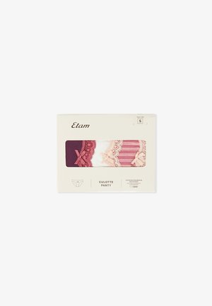 Culotte-Panty-Set von Etam, bestehend aus drei Paaren mit Spitzenakzenten in den Farben Burgund, Weiß und Pink. Verpackt in einer Schachtel.