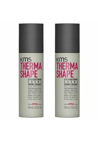 Two cylindrical, gray and green containers of KMS Therma Shape Straightening Crème, 150 mL each. Text includes product name and usage instructions.