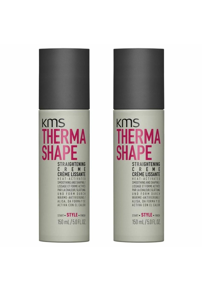 Two cylindrical, gray and green containers of KMS Therma Shape Straightening Crème, 150 mL each. Text includes product name and usage instructions.