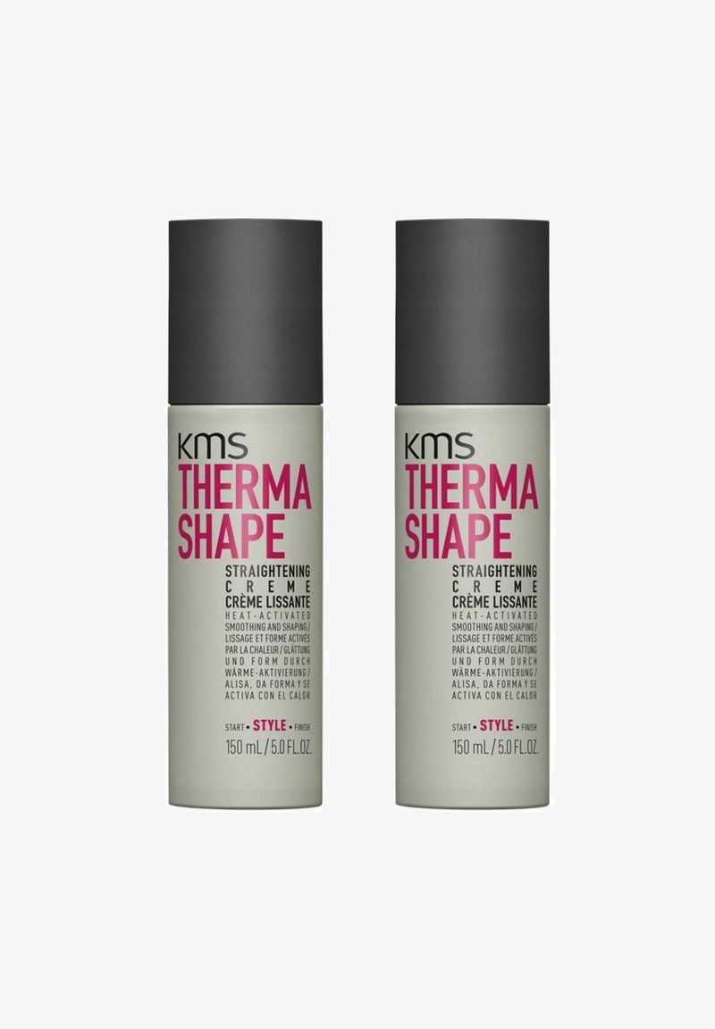 Two cylindrical, gray and green containers of KMS Therma Shape Straightening Crème, 150 mL each. Text includes product name and usage instructions.