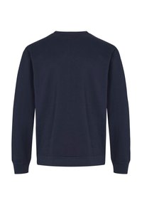 Marineblauwe trui met lange mouwen, geribbelde manchetten en een ronde hals. Glad textuur en minimalistisch ontwerp zonder zichtbare logo's of accenten.