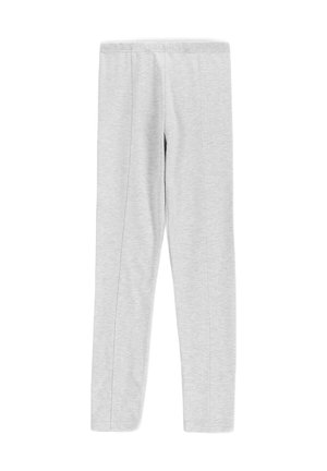 Jasnoszare dopasowane legginsy z widocznymi szwami przebiegającymi z przodu każdej nogi, pokazane na białym tle.