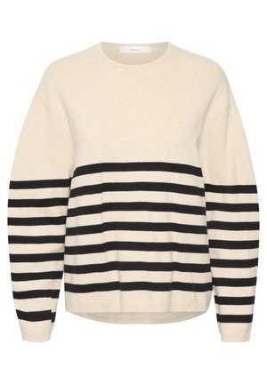 Cremefarbenes Sweatshirt mit horizontalen schwarzen Streifen, leicht oversized Passform, runder Ausschnitt und langen Ärmeln. Weicher Stoff, minimale Details.