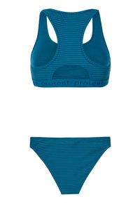 Bikini súprava v tyrkysovej farbe s pruhmi, s topom s pretekárskym strihom a zodpovedajúcimi nízkymi nohavičkami, vyrobená z hladkej tkaniny s elastickými detailmi.