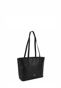 Borsa a tracolla nera in pelle con superficie testurizzata, due manici lunghi e un logo silver minimalista sul davanti. Forma rettangolare con apertura superiore.