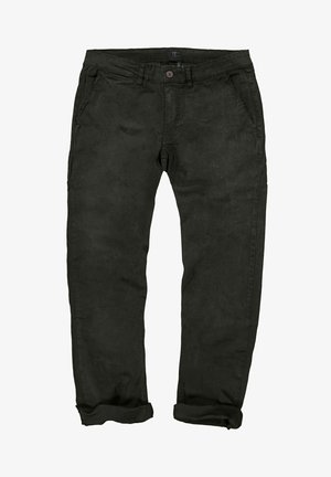 Pantalons en coton noirs avec une coupe droite, dotés de poches avant et de revers roulés. Texture lisse avec un minimum de détails.