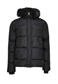Černá péřová bunda s prošívaným designem, předním zipem, kapucí lemovanou kožešinou a vyšitým nápisem "GLORIOUS" na obou předních kapsách.