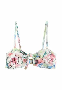 Bloemenbikini-top met verstelbare bandjes, met een witte basis en patronen van roze, blauwe en groene bloemen; inclusief goudkleurige hardwareaccenten.