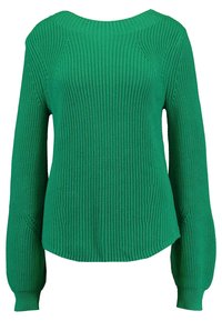Zelený pletený svetr s kulatým výstřihem, žebrovanou texturou, dlouhými rukávy a volným střihem. Má raglánové švy a mírně zaoblený lem.