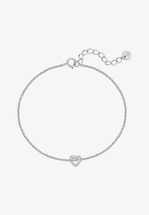 Strieborný náramok s retiazkou s malým príveskom v tvare srdca osadeným priehľadnými kryštálmi a nastaviteľným zapínaním.