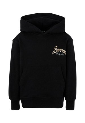 Zwarte hoodie van zacht materiaal, met een voorzak in kangoeroestijl en geborduurde "Barrow" tekst in goud en lichtblauw op de borst.