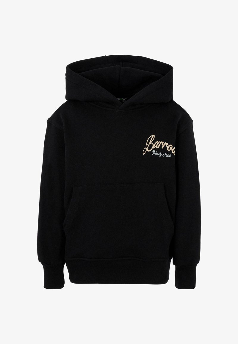 Felpa nera con cappuccio realizzata in un tessuto morbido, dotata di tasca a marsupio frontale e scritta "Barrow" ricamata in oro e azzurro chiaro sul petto.