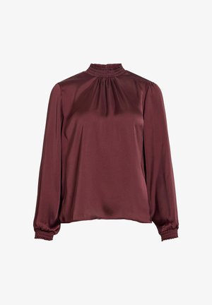 Bluză din satin cu mâneci lungi, într-o nuanță intensă de burgundy, cu guler și manșete elasticizate și cu pliseuri delicate sub guler.