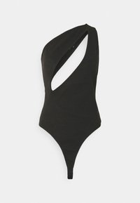 Costume da bagno intero nero con design a ritaglio, spalla asimmetrica e fondo a perizoma. Realizzato in tessuto liscio e aderente.