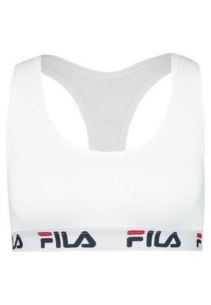 Fehér sportmelltartó kerek nyakkivágással és versenyhát kialakítással. Jellemzője egy textúrázott elasztikus pánt, amely a FILA logóját fekete és piros színben mutatja.