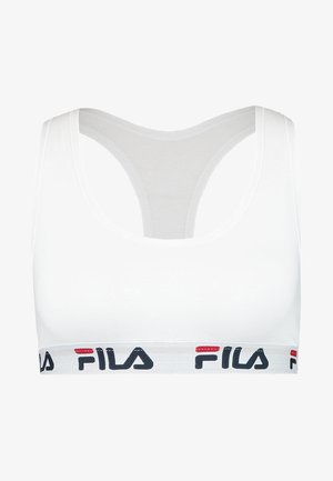 Sutiã desportivo branco com decote redondo e estilo nadador. Apresenta uma banda elástica texturizada exibindo o logótipo da FILA em preto e vermelho.