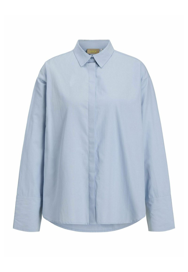Lichtblauw overhemd met lange mouwen en knopen, voorzien van een gespreide kraag, gemaakt van katoen, met een gestroomlijnd ontwerp en een afgeronde zoom.