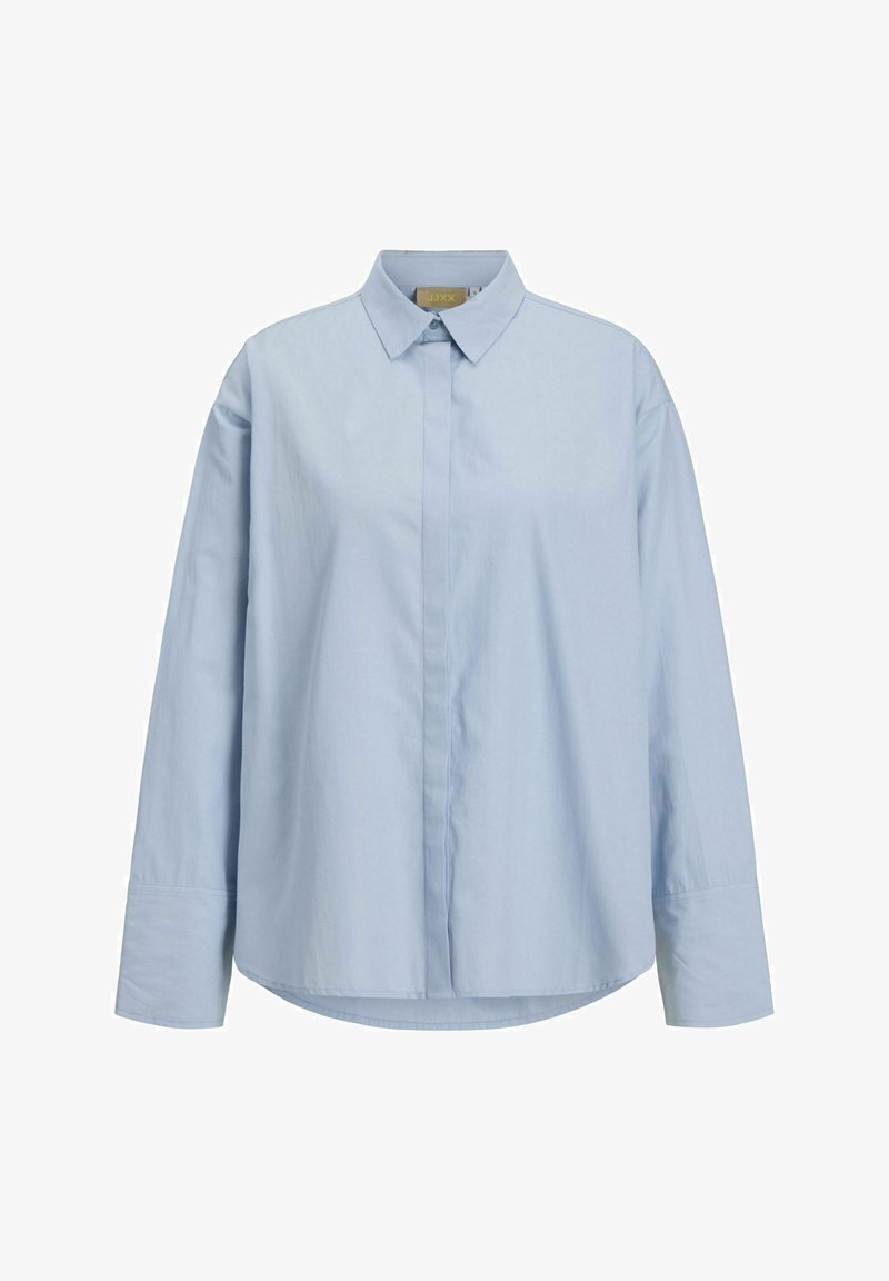 Lichtblauw overhemd met lange mouwen en knopen, voorzien van een gespreide kraag, gemaakt van katoen, met een gestroomlijnd ontwerp en een afgeronde zoom.