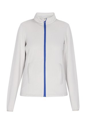 Giacca grigia chiaro con zip, colletto alto, zip blu e due tasche frontali; texture liscia e vestibilità sartoriale.