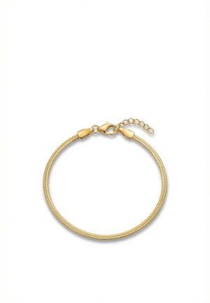 Bracelet chaîne en or avec fermoir mousqueton et chaînette d'extension ajustable sur fond blanc.