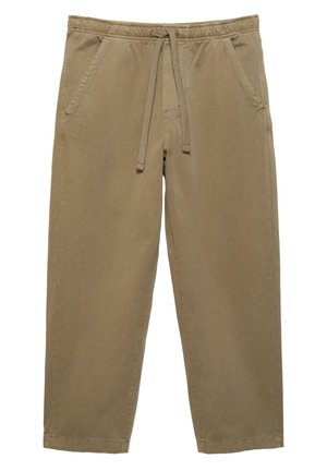 Khaki-colored casual pants with elastic waistband and drawstring, featuring side pockets and straight-leg cut.