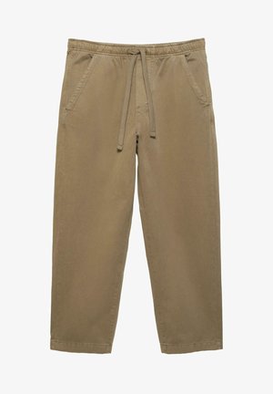Casual broek in khakikleur met elastische tailleband en trekkoord, voorzien van zijzakken en rechte pijpen.
