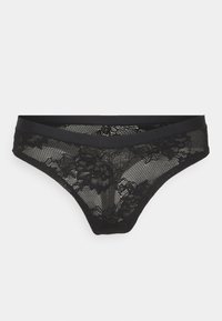 Black lace thong featuring floral patterns, smooth waistband, and mesh detailing. Offers a slim, fitted design.