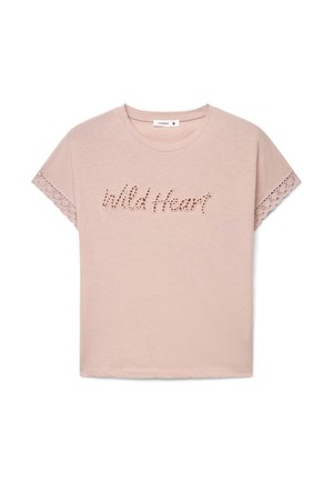 Terranova, T-SHIRT CON SCRITTA TRAFORATA E BORDO MACRAMÈ - T-shirt con stampa - rosa antico