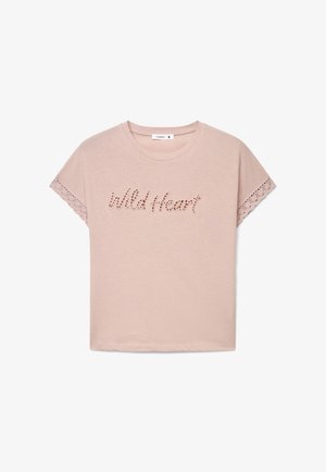 Terranova, T-SHIRT CON SCRITTA TRAFORATA E BORDO MACRAMÈ - T-shirt con stampa - rosa antico