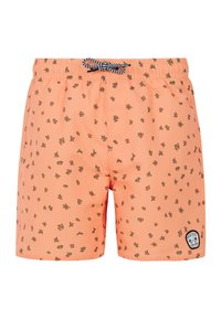 Oranje zwemshorts met een koord in de taille, met kleine groene bladerenpatronen en een logo-opvlakking aan de onderkant aan de rechterkant.
