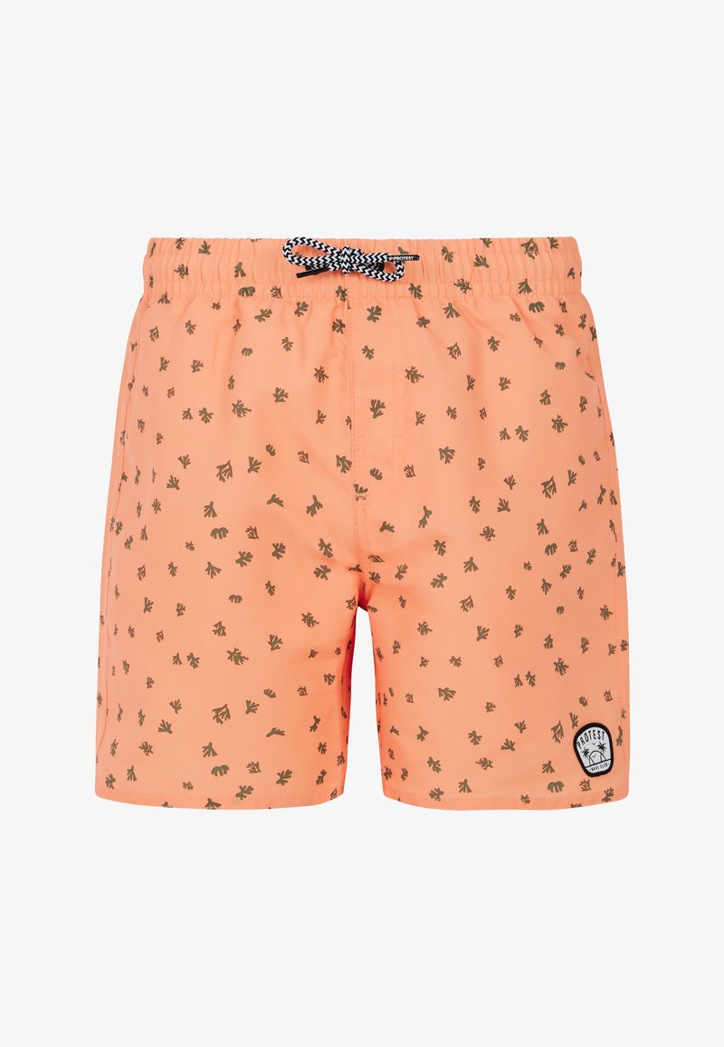 Oranje zwemshorts met een koord in de taille, met kleine groene bladerenpatronen en een logo-opvlakking aan de onderkant aan de rechterkant.
