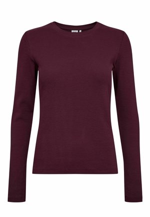 Burgundy long-sleeve top made of ribbed fabric. Features a classic crew neckline and fitted silhouette, with no visible patterns or accents.