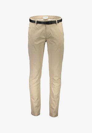 Beige Baumwollhosen im Slim-Fit-Stil, mit zwei Taschen, Reißverschluss und einem schwarzen strukturierten Gürtel.