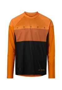 Langärmliges Sportshirt mit orangefarbigen und schwarzen Einsätzen in Netzstruktur, "VAUDE"-Logo auf der Brust und rundem Halsausschnitt.