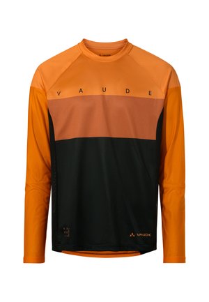Sportshirt met lange mouwen in oranje en zwarte panelen met een mesh-structuur, "VAUDE" logo op de borst en een ronde halslijn.