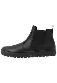 Stivale alla caviglia in pelle nera con pannello elastico laterale, linguetta sul retro, suola piatta in gomma e punta arrotondata liscia, presentato in profilo laterale.