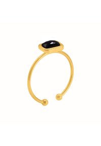 Anello d'oro con banda aperta, caratterizzato da una pietra quadrata nera incastonata in una montatura di oro liscio. La banda termina con piccoli accenti sferici.