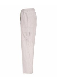 Pantaloni cargo beige chiaro con vita elastica e tasche laterali, mostrati di profilo sinistro su sfondo bianco.