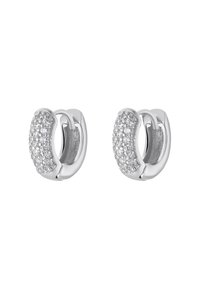 Silver hoop earrings with a textured surface, featuring a row of sparkling crystals for decorative accents. Compact and modern design.