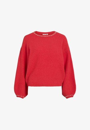 Maglione rosso con texture, dal design corto e maniche larghe. Accenti di perline lungo il colletto e gli orli delle maniche aggiungono dettagli.