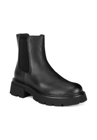 Czarny skórzany botek na kostkę z elastycznymi panelami po bokach i masywną, teksturowaną gumową podeszwą. Zaokrąglony nosek i gładkie wykończenie z minimalnym przeszyciem.